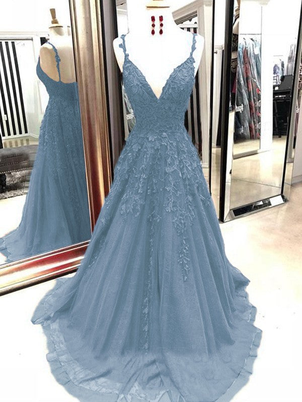 A-Line Tulle With Applique Spaghetti Straps Sleeveless Sweep/Brush Train Prom Dress