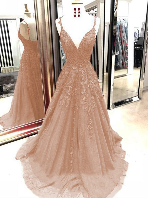 A-Line Tulle With Applique Spaghetti Straps Sleeveless Sweep/Brush Train Prom Dress