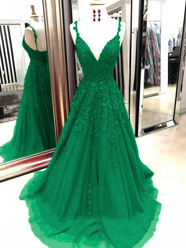 A-Line Tulle With Applique Spaghetti Straps Sleeveless Sweep/Brush Train Prom Dress