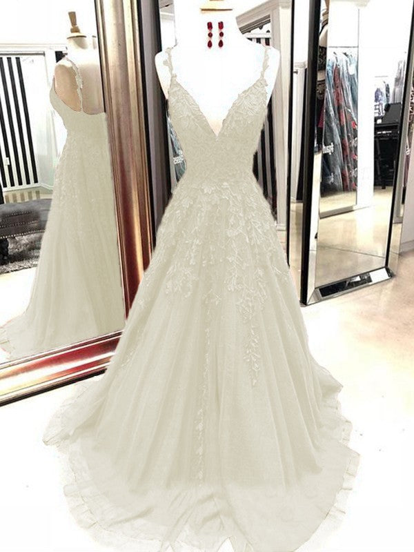 A-Line Tulle With Applique Spaghetti Straps Sleeveless Sweep/Brush Train Prom Dress