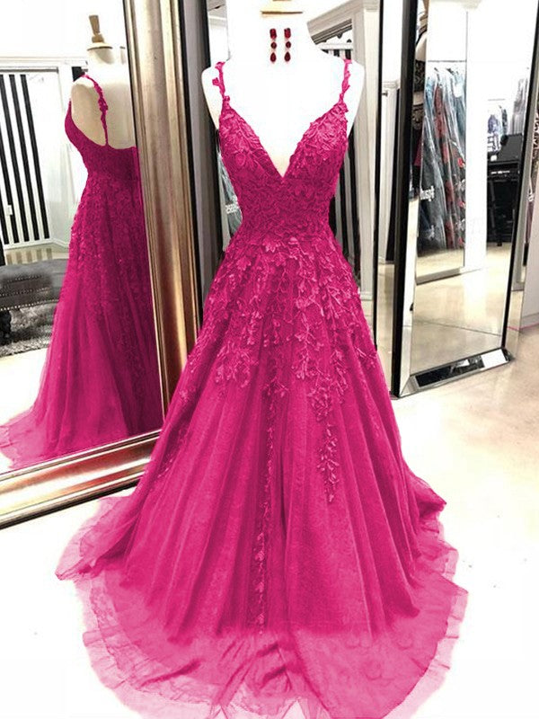 A-Line Tulle With Applique Spaghetti Straps Sleeveless Sweep/Brush Train Prom Dress