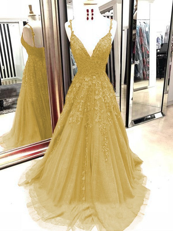 A-Line Tulle With Applique Spaghetti Straps Sleeveless Sweep/Brush Train Prom Dress