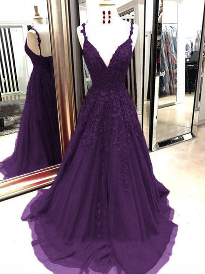 A-Line Tulle With Applique Spaghetti Straps Sleeveless Sweep/Brush Train Prom Dress