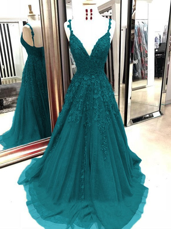 A-Line Tulle With Applique Spaghetti Straps Sleeveless Sweep/Brush Train Prom Dress