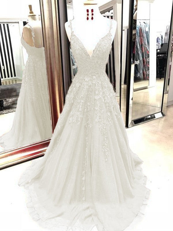 A-Line Tulle With Applique Spaghetti Straps Sleeveless Sweep/Brush Train Prom Dress