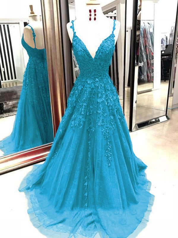 A-Line Tulle With Applique Spaghetti Straps Sleeveless Sweep/Brush Train Prom Dress