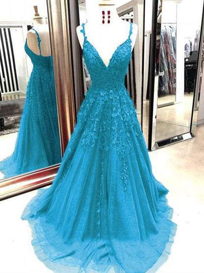A-Line Tulle With Applique Spaghetti Straps Sleeveless Sweep/Brush Train Prom Dress