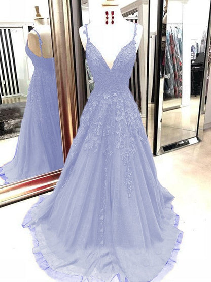 A-Line Tulle With Applique Spaghetti Straps Sleeveless Sweep/Brush Train Prom Dress