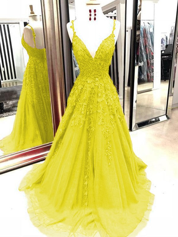 A-Line Tulle With Applique Spaghetti Straps Sleeveless Sweep/Brush Train Prom Dress
