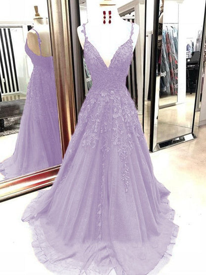 A-Line Tulle With Applique Spaghetti Straps Sleeveless Sweep/Brush Train Prom Dress
