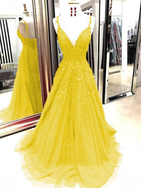 A-Line Tulle With Applique Spaghetti Straps Sleeveless Sweep/Brush Train Prom Dress