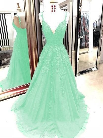 A-Line Tulle With Applique Spaghetti Straps Sleeveless Sweep/Brush Train Prom Dress