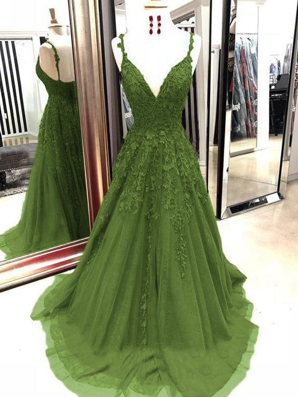 A-Line Tulle With Applique Spaghetti Straps Sleeveless Sweep/Brush Train Prom Dress