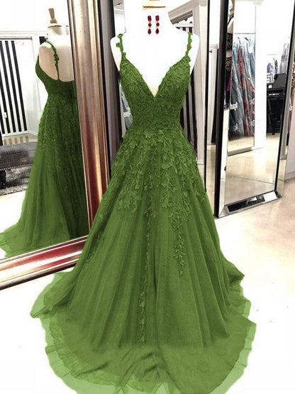 A-Line Tulle With Applique Spaghetti Straps Sleeveless Sweep/Brush Train Prom Dress