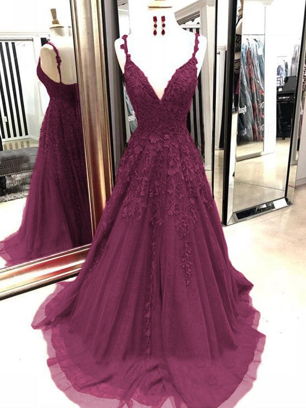 A-Line Tulle With Applique Spaghetti Straps Sleeveless Sweep/Brush Train Prom Dress