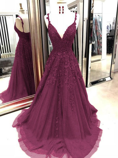 A-Line Tulle With Applique Spaghetti Straps Sleeveless Sweep/Brush Train Prom Dress