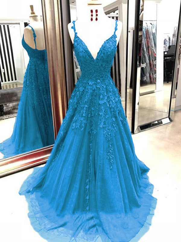 A-Line Tulle With Applique Spaghetti Straps Sleeveless Sweep/Brush Train Prom Dress