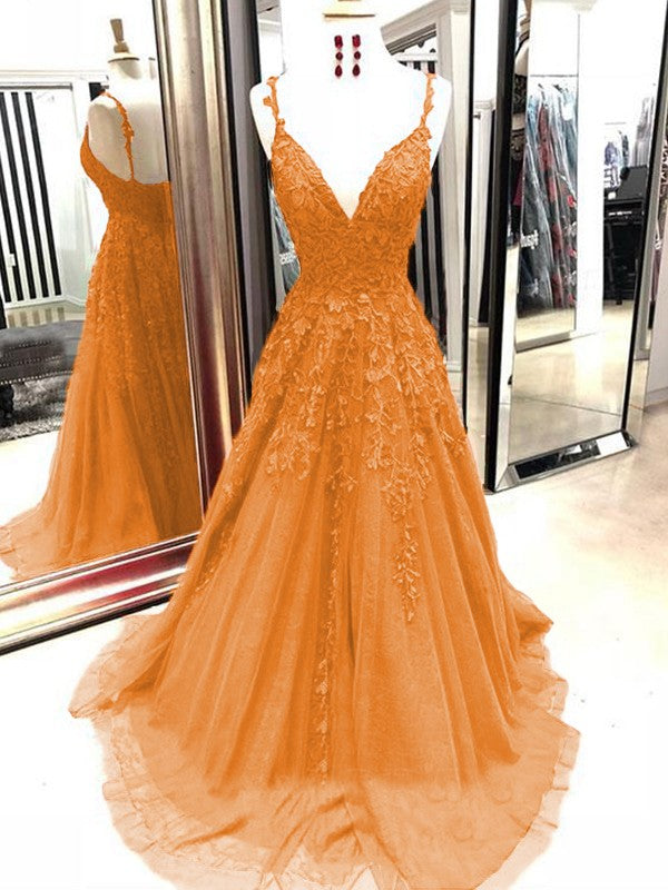 A-Line Tulle With Applique Spaghetti Straps Sleeveless Sweep/Brush Train Prom Dress