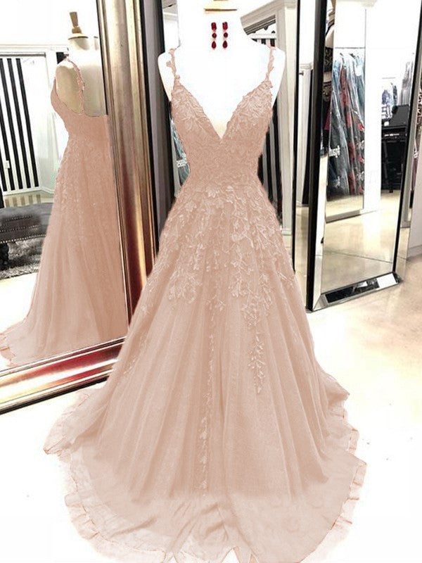 A-Line Tulle With Applique Spaghetti Straps Sleeveless Sweep/Brush Train Prom Dress