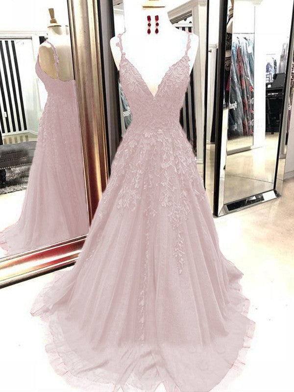 A-Line Tulle With Applique Spaghetti Straps Sleeveless Sweep/Brush Train Prom Dress