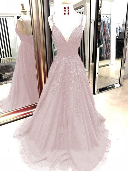 A-Line Tulle With Applique Spaghetti Straps Sleeveless Sweep/Brush Train Prom Dress