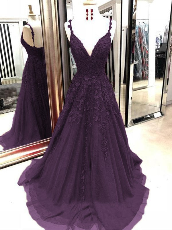 A-Line Tulle With Applique Spaghetti Straps Sleeveless Sweep/Brush Train Prom Dress
