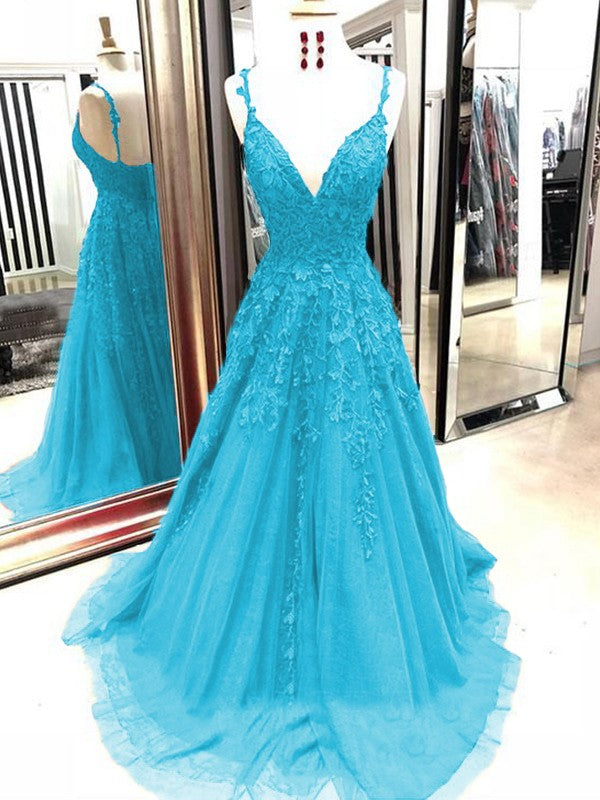 A-Line Tulle With Applique Spaghetti Straps Sleeveless Sweep/Brush Train Prom Dress