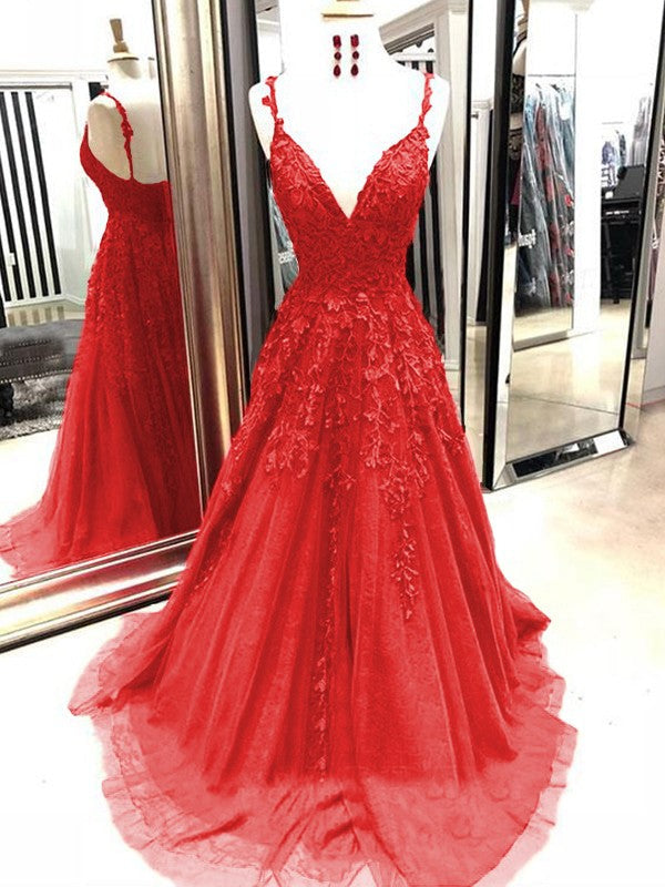 A-Line Tulle With Applique Spaghetti Straps Sleeveless Sweep/Brush Train Prom Dress