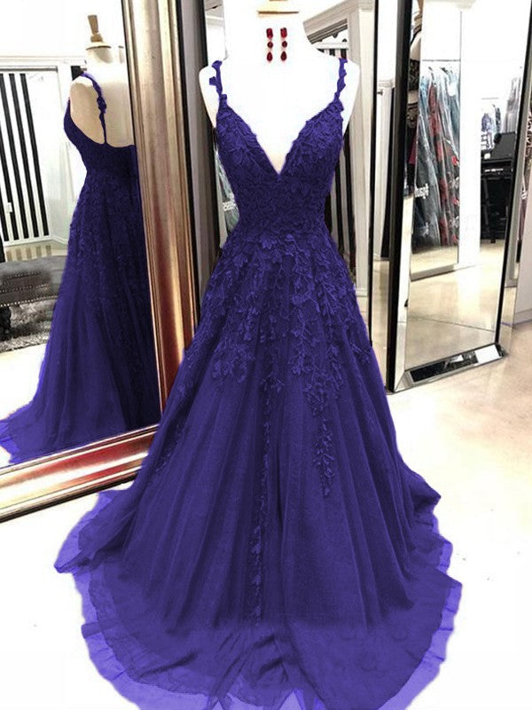 A-Line Tulle With Applique Spaghetti Straps Sleeveless Sweep/Brush Train Prom Dress