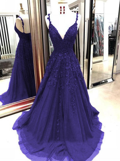 A-Line Tulle With Applique Spaghetti Straps Sleeveless Sweep/Brush Train Prom Dress