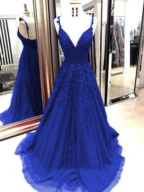 A-Line Tulle With Applique Spaghetti Straps Sleeveless Sweep/Brush Train Prom Dress