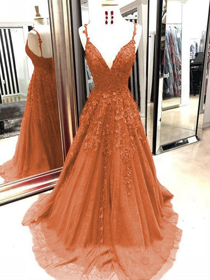A-Line Tulle With Applique Spaghetti Straps Sleeveless Sweep/Brush Train Prom Dress