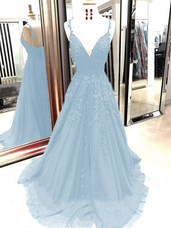 A-Line Tulle With Applique Spaghetti Straps Sleeveless Sweep/Brush Train Prom Dress