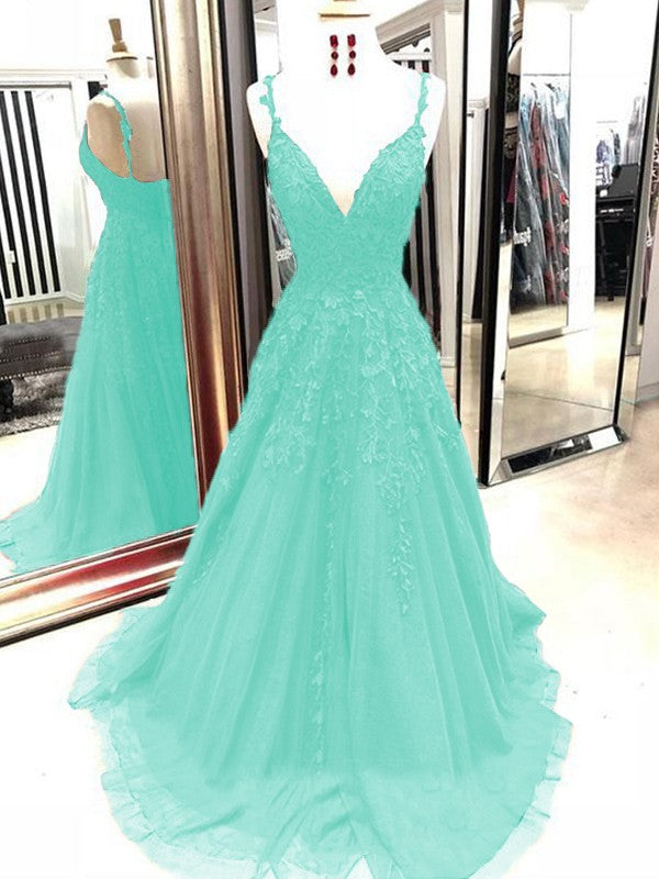 A-Line Tulle With Applique Spaghetti Straps Sleeveless Sweep/Brush Train Prom Dress