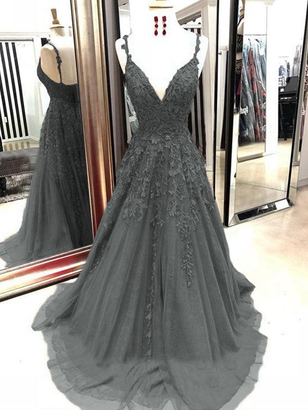 A-Line Tulle With Applique Spaghetti Straps Sleeveless Sweep/Brush Train Prom Dress