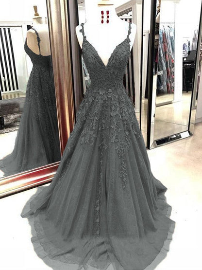 A-Line Tulle With Applique Spaghetti Straps Sleeveless Sweep/Brush Train Prom Dress