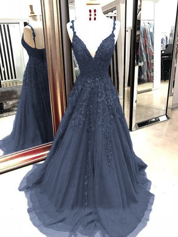 A-Line Tulle With Applique Spaghetti Straps Sleeveless Sweep/Brush Train Prom Dress
