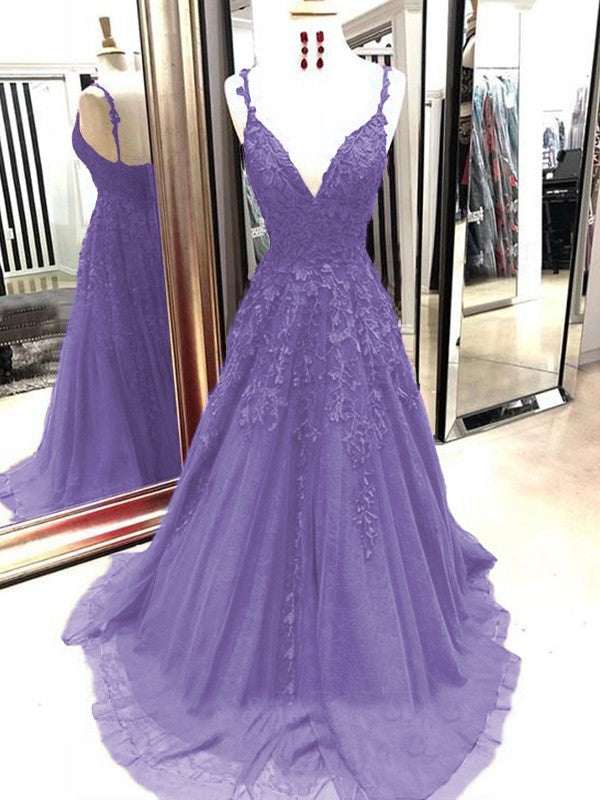 A-Line Tulle With Applique Spaghetti Straps Sleeveless Sweep/Brush Train Prom Dress