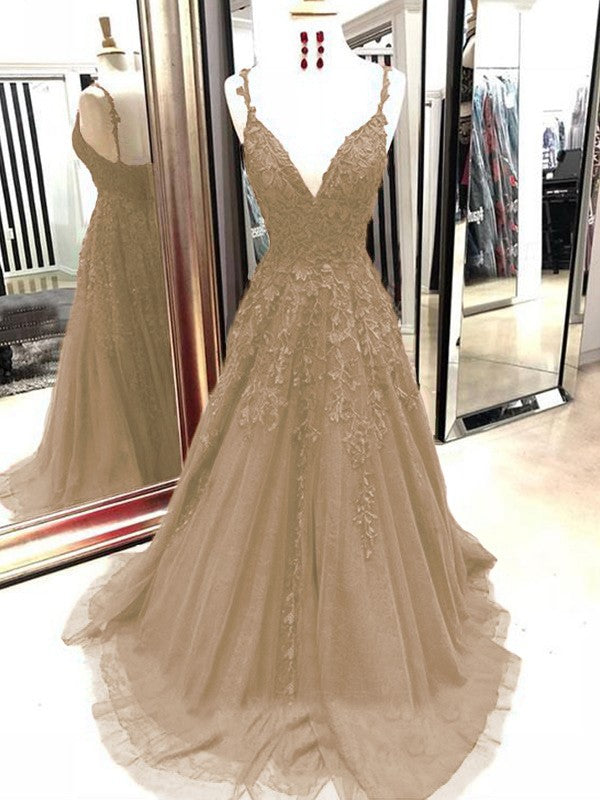 A-Line Tulle With Applique Spaghetti Straps Sleeveless Sweep/Brush Train Prom Dress