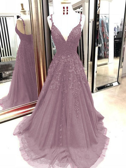 A-Line Tulle With Applique Spaghetti Straps Sleeveless Sweep/Brush Train Prom Dress