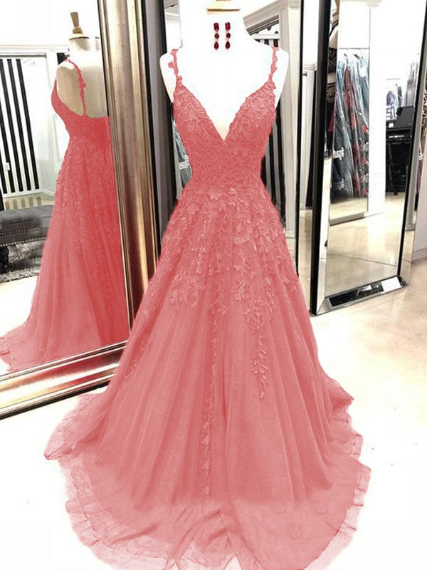 A-Line Tulle With Applique Spaghetti Straps Sleeveless Sweep/Brush Train Prom Dress