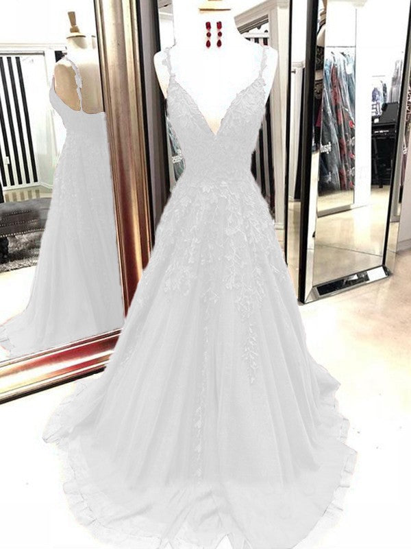 A-Line Tulle With Applique Spaghetti Straps Sleeveless Sweep/Brush Train Prom Dress