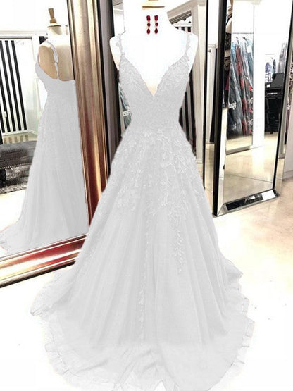 A-Line Tulle With Applique Spaghetti Straps Sleeveless Sweep/Brush Train Prom Dress