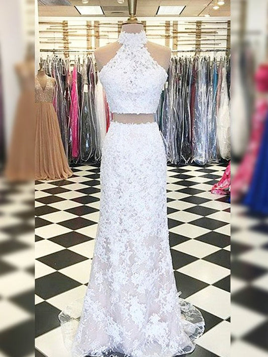 Sheath Lace With Applique Halter Sleeveless Sweep/Brush Train Two Piece Prom Dress