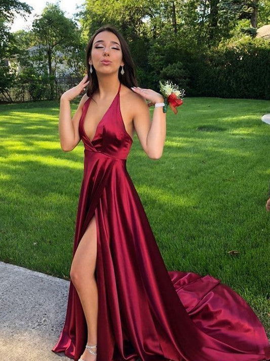 A-Line Sleeveless Halter Sweep/Brush Train With Ruffles Silk like Satin Prom Dress