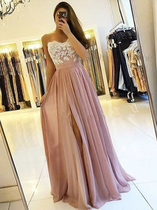 A-Line Sleeveless Spaghetti Straps Floor-Length With Applique Chiffon Prom Dress