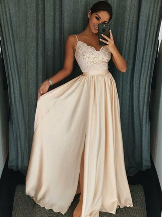 A-Line Sleeveless Spaghetti Straps Floor-Length With Applique Silk like Satin Prom Dress