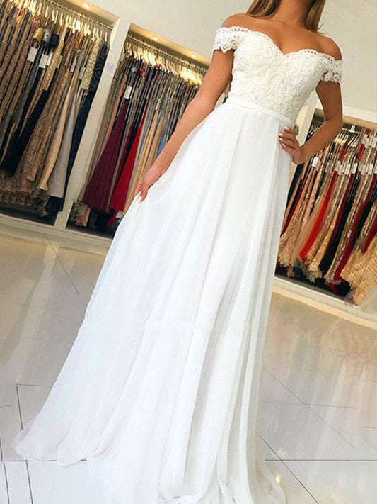 A-Line Sleeveless Off-the-Shoulder Sweep/Brush Train With Applique Chiffon Prom Dress