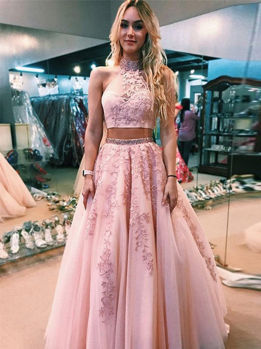 A-Line Sleeveless Halter Floor-Length With Applique Tulle Two Piece Prom Dress