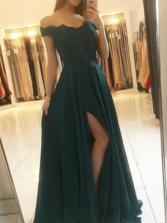 A-Line Off-the-Shoulder Sleeveless Floor-Length With Beading Chiffon Prom Dress